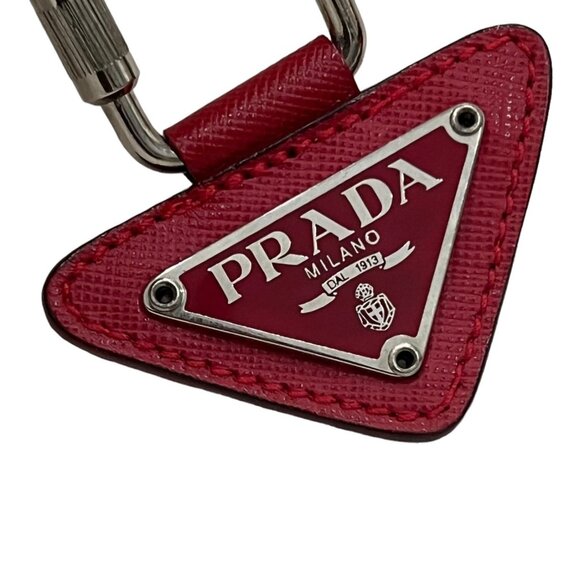 PRADA: Silver Metal & Red Saffiano Leather/Enamel Logo Bag Charm/Keychain #1550 - Picture 5 of 5